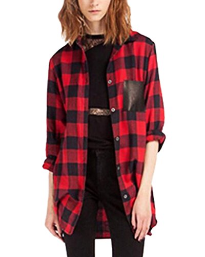 ZANZEA Womens Casual Check Plaid Long Sleeve Pocket Shirts Long Top Blouse