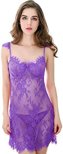 Theone0750 Women's Sleepwear Lace Nightdress Push up Strap+g-string Color Purple M