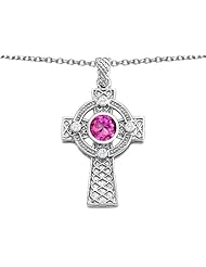Celtic Love by Kelly (tm) Celtic Cross pendant with 7mm Round Created Pink Sapphire in 925 Sterling Silver