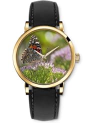 SPRAWL Aanalog Fashion Series Gold Ladies Watches of Genuine Black Leather Strap,Unique Wrist Watch for Women Girls Designed with Butterfly on pink flowers