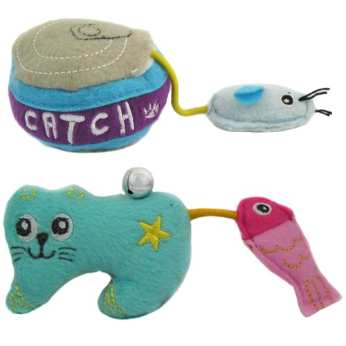 Detail image Set of 2 Happy Puppy Plush Cat Toy - Little Mouse Can Food and Kitty Fish