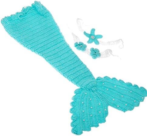 Newborn Baby Sunshine Knitted Mermaid Hairband Bra Tail Set (Blue)