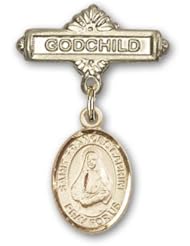 14K Gold Baby Badge with St. Frances Cabrini Charm and Godchild Badge Pin