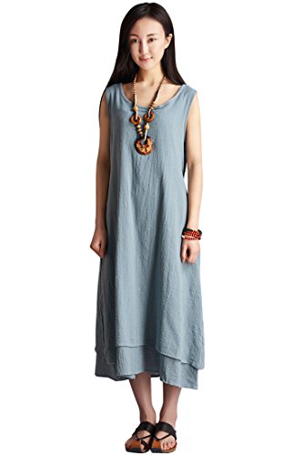 Azbro Women's Essential Solid Sleeveless Linen Midi Long Dress