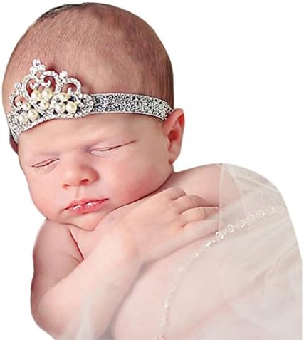EKIMI Baby Girl Crown Hairband Princess Crystal Pearl Crown Headband (Silver)