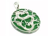 Green Jade Round Dragon's Spirit Pendant, 925 Sterling Silver