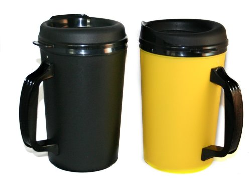 2 ThermoServ Foam Insulated Coffee Mug 20 oz w/Lids (1) Black (1) Yellow