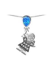 Original Star K (tm) Little Girl Holding a Balloon Mother Birthstone Created Blue Opal Pendant in 925 Sterling Silver