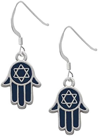 Silver Plated, Blue Enamel, Star Of David Hamsa Hand , Earrings, Qty.1 pair