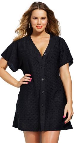 Black Plus Size Waffle Button Up Tunic