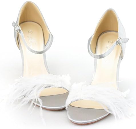 Womens Bridal Feather Detail Ankle Strap Stiletto Heels Pumps Shoes Sandals (US 10, Silver)