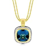 14k Gold Plated Double-Stranded Fashion Necklace with Blue Topaz Pendant- 16 IN