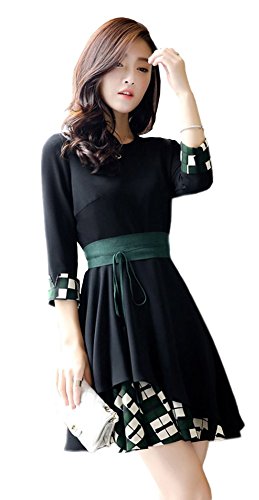 iRachel Womens 3/4 Sleeve Plaids Splicing High Waist Casual Slim Tunic A-Line Dress