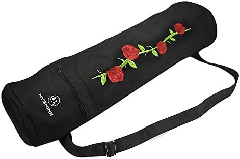 MyShine Yoga Mat Bag(28" x 7") with 2-Pockets,Perfect fit 1/4 Thick Yoga Mat,Easy Open Full-Zip Design, Hand Embroidery Special Rose on the Yoga Bag, Best Gift for your Love (Black)