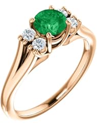 10K Rose Gold 5.00mm Round Cut Emerald and Diamond Ring -- LIFETIME WARRANTY