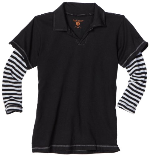 Kai Bean Boys 2-7 Long Sleeve Polo with Thermal Stripe Sleeve, Charcoal, 5/6