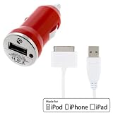 EZOPower White USB Sync Transfer Data Cable + Red USB Mini Car Charger Adapter for Apple IPOD/ IPhone 4 4S 4G 4GS, iPhone 3G 3GS, Touch, Classic, Video, Nano