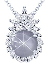 18K White Gold Oval Cut Blue Sapphire And Marquise Diamond Pendant