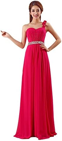 Vogue008 Womens One Shoulder Chiffon Floor-length Formal Dress with Sewing Beads-18WB-Rosered