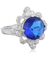 Sterling Silver Created Blue Sapphire and White Simulated Diamond Floral Ring, Size 7