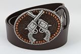 Whimsical Originals Brown Leather Belt Tooled Leather Metal Guns Buckle