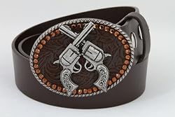 Whimsical Originals Brown Leather Belt Tooled Leather Metal Guns Buckle