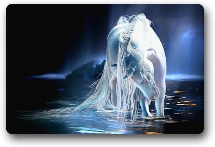 Unique White Unicorn Horse Standing in the River 23.6 X 15.7 Inch Home Fashion Rectangle non-woven fabric Custom Doormat Machine-washable Non-Slip Rug