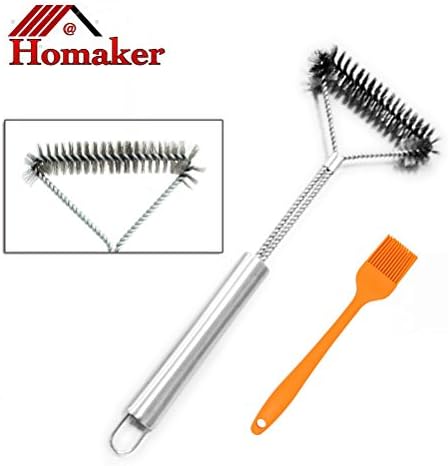 Homaker 18" Best BBQ Grill Brush 3-Sided Triangle Fully Stainless Steel Bristles &amp; Handle Grill Cleaning Brush for Weber, Char-Broil Grills Bonus Basting Brush(BGB-002)