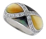 Yellow & Black Mother of Pearl Dome Band in Solid Sterling Silver, Accented with Tiny High Quality CZ's, 11/16 (16mm) wide