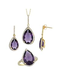 10k Gold Teardrop Dangle Earrings (26mm tall), Ring (17mm wide) & 18 in. Necklace SET, w/ Brilliant Cut Diamonds & Pear Cut Amethyst Stones; Ring Size 5