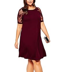 Plus Size Flared-Skirt Flowy Sheer Lace Short Sleeves Shift Round Neck Above the Knee Polyester/Spandex  Dress
