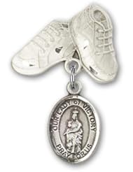 Sterling Silver Baby Badge with Our Lady of Victory Charm and Baby Boots Pin