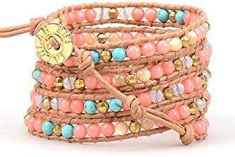 Turquoise Wrap Bracelet, Coral Beaded Bracelet, Mixed Stone Crystal Gold Braclet, Gold Bead Wrap Bracelet, Leather Cord Summer Pink Wrap