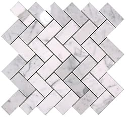 Carrara (Carrera) Bianco Polished 1x2 Herringbone Mosaic Tile