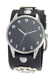 Biker Men's Black Wide Leather Cuff Band With Brass knuckles and Black Dial # US-W2563