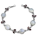Beautiful Moonstone, Garnet, 925 Sterling Silver Station Bracelet 7 Inch