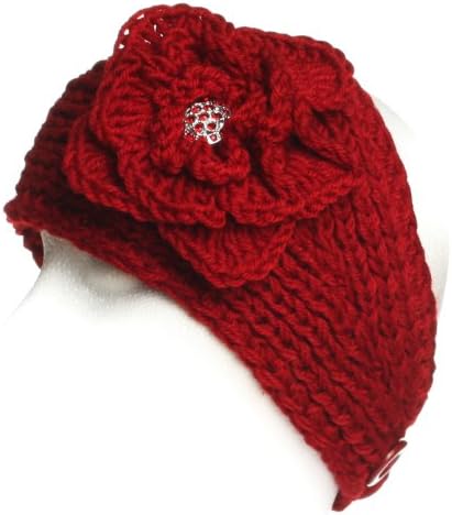 Facnos Knitted Flower with Jewelry Button Headband Hat for Women, Red