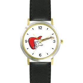 Electric Guitar Musical Instrument - Music Theme - WATCHBUDDY� DELUXE TWO-TONE THEME WATCH - Arabic Numbers - Black Leather Strap-Size-Large ( Men's Size or Jumbo Women's Size )