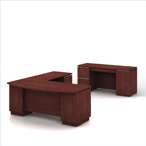 Buy Cheap Bush Furniture Milano Right L-Shape Wood Desk Set in Harvest Cherry