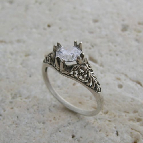 14K White Gold Feminine Art Nouveau Antique Style Ring set with CZ
