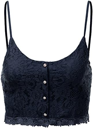 11 FOXY Womens Spaghetti Strap Deep V Neck Floral Lace Crop Top With Crochet Detail & 4 Gold Buttons Detail NAVY LARGE