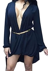 Belted High-Low-Hem Polyester/Spandex Spring Summer Winter Long Sleeves  Shirt  Dress