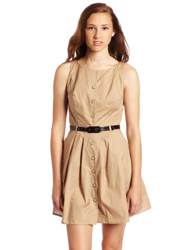 XOXO Junior's Belted Button Front Sundress, Beige, 5