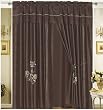 Pair of Dark Brown Embroidery Windows Curtain / Drapes / Panels with Valance and Attached Sheer Lining.