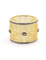 Alexander James 14k Gold and Black Rhodium Bonded Filigree Bangle Bracelet with Oval Cut Fuchsia Cubic Zirconia and Embellished with Round Cut Clear Cubic Zirconia Accents with a Locking Clasp in Tutone