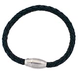 Mens Bracelet Leather Black Woven with Stainless Steel Magnetic Brushed Satin Link 8.75 inches by...