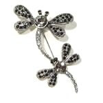 Black & Smokey Austrian Rhinestone Mother and Child Dragonfly Antique Silver-Plated Brooch Pin