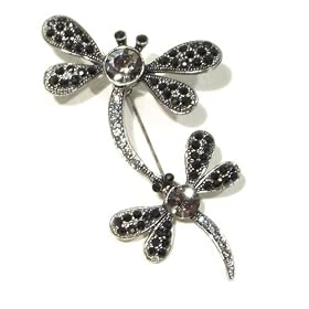 Black & Smokey Austrian Rhinestone Mother and Child Dragonfly Antique Silver-Plated Brooch Pin