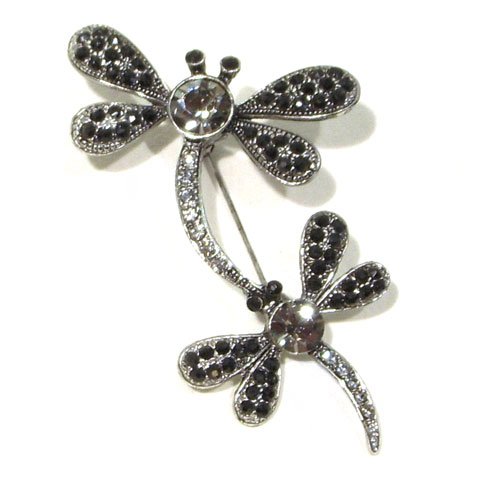 Black & Smokey Austrian Rhinestone Mother and Child Dragonfly Antique Silver-Plated Brooch Pin