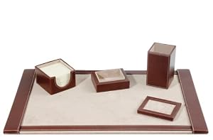 4 Piece, Italian Leather Executive Desk Set, Blotter, Note Holder, Pen Cup, Desk Box